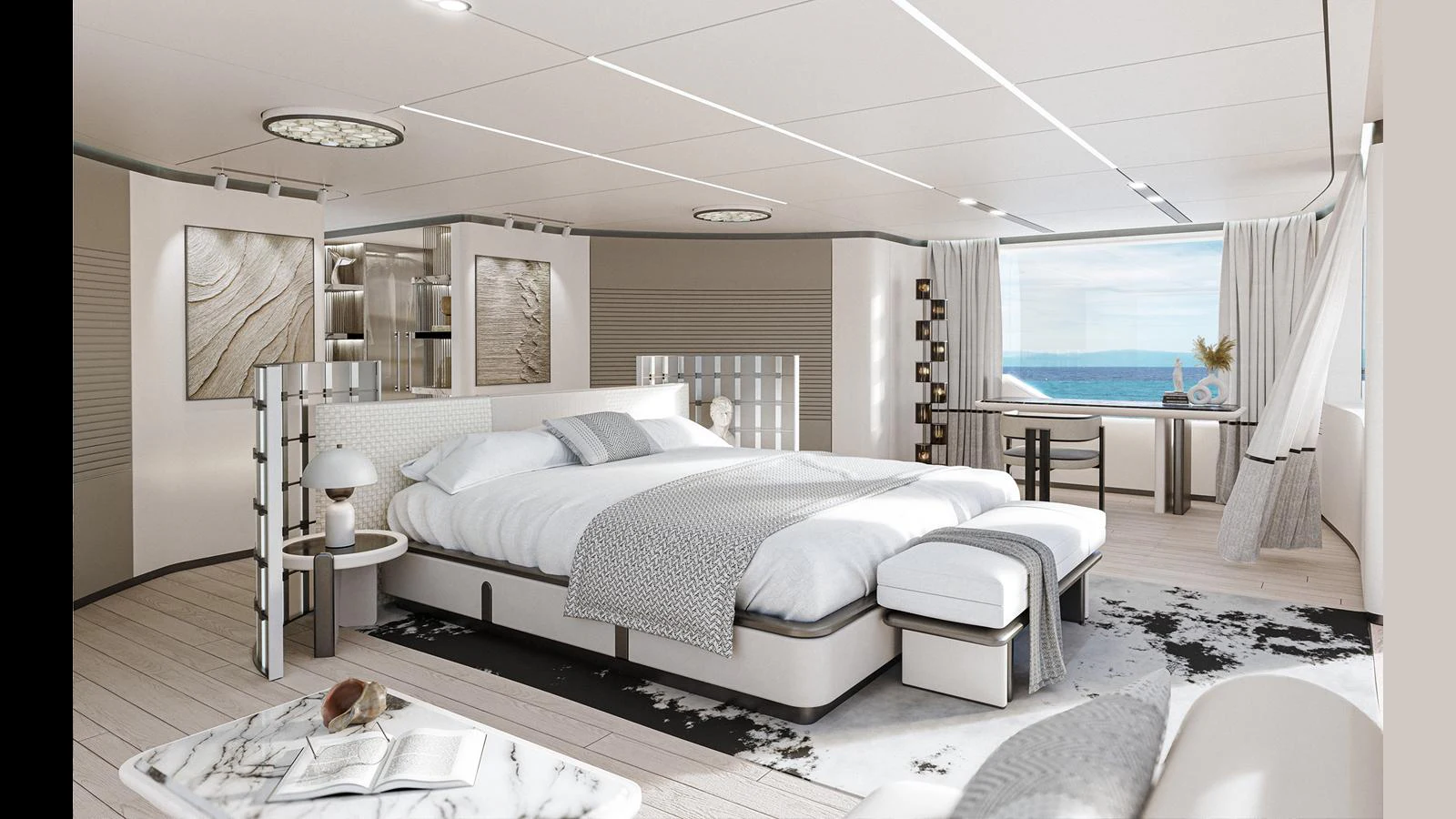 The master stateroom offers a spacious and luxurious retreat with a large bed and elegant decor. aboard GEMINI Yacht for Sale
