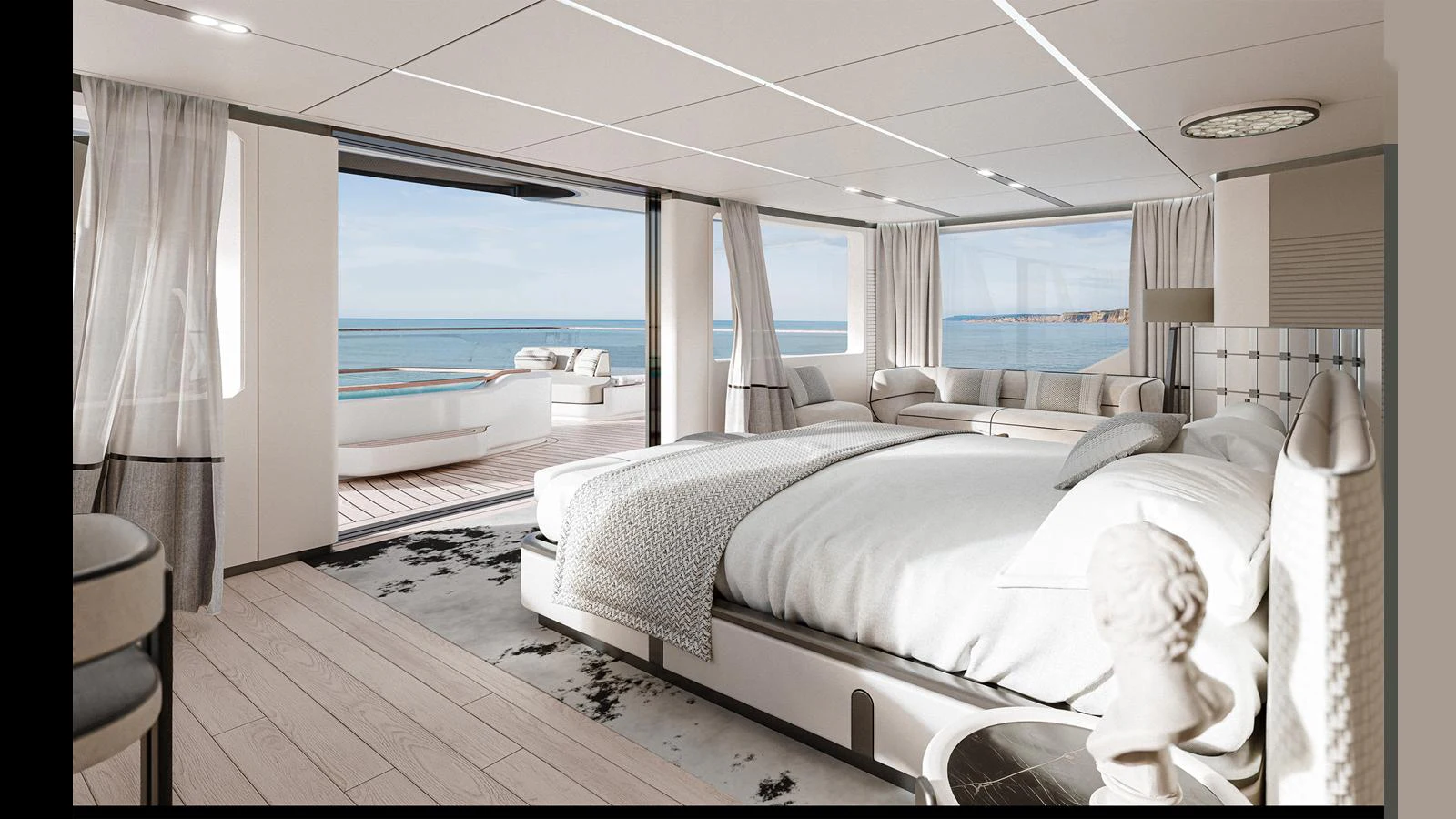 The master stateroom offers a luxurious and spacious retreat with direct access to the deck and stunning ocean views. aboard GEMINI Yacht for Sale