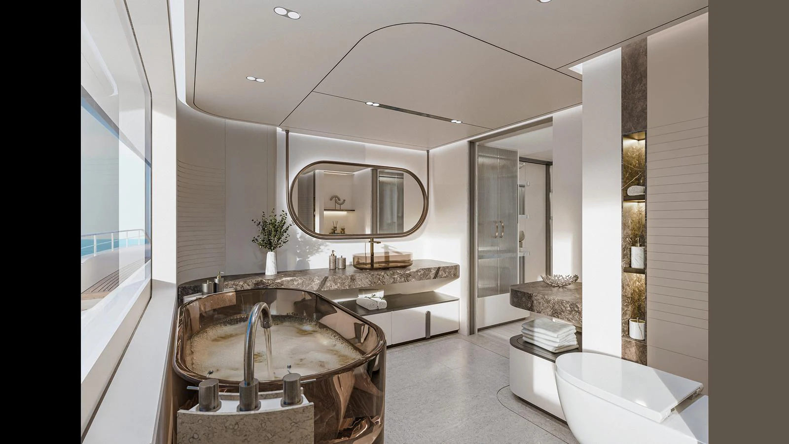 The luxurious bathroom features elegant fixtures and a spacious layout. aboard GEMINI Yacht for Sale