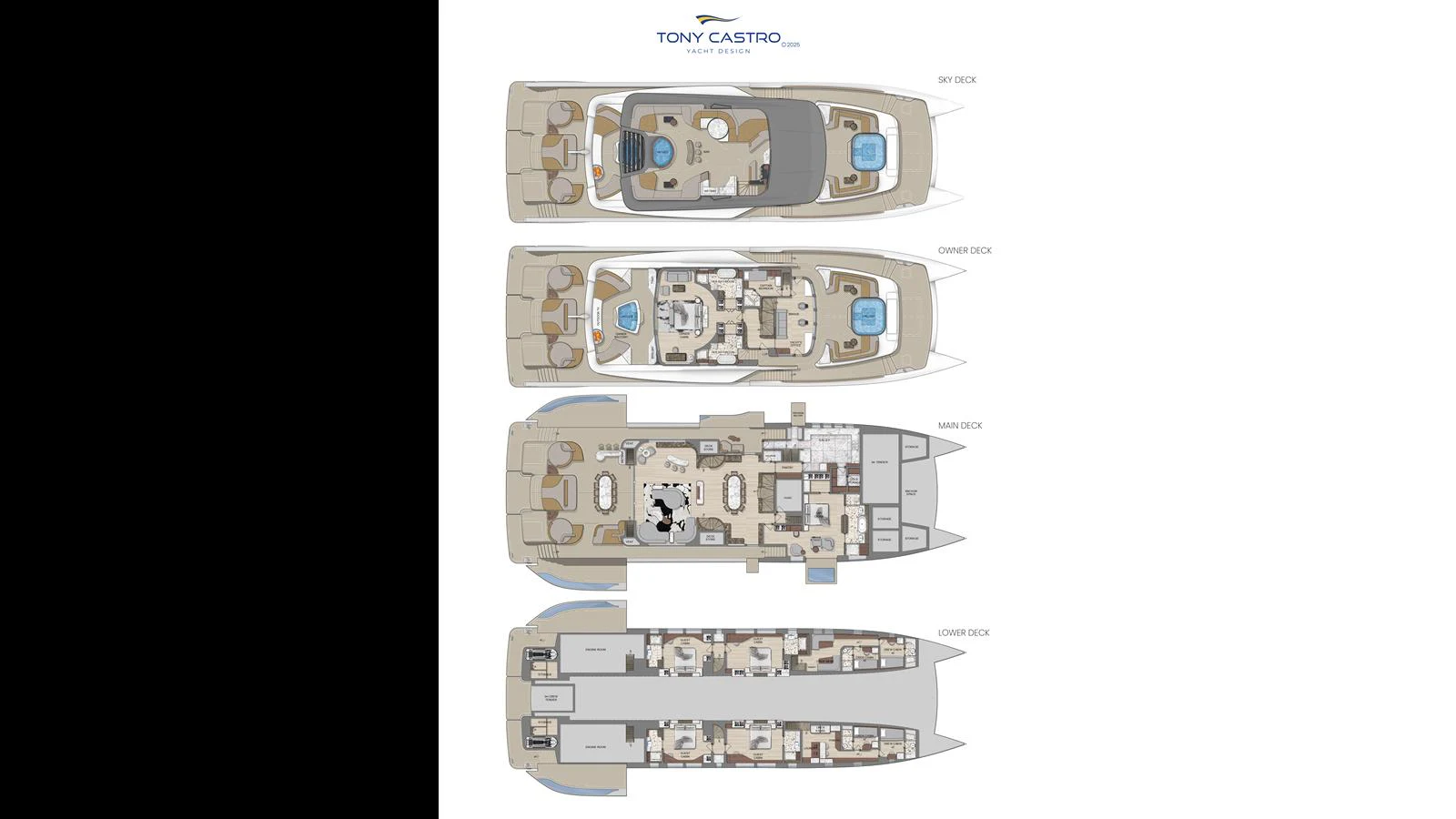 This image showcases the layout and deck plans of a yacht, detailing various levels and amenities. aboard GEMINI Yacht for Sale