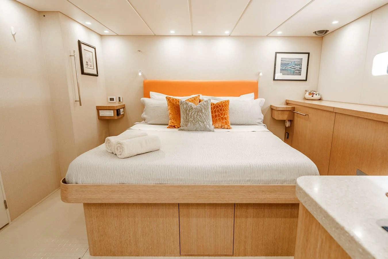 The master stateroom features a plush bed with elegant linens and tasteful decor. aboard UGLY BETTY Yacht for Sale