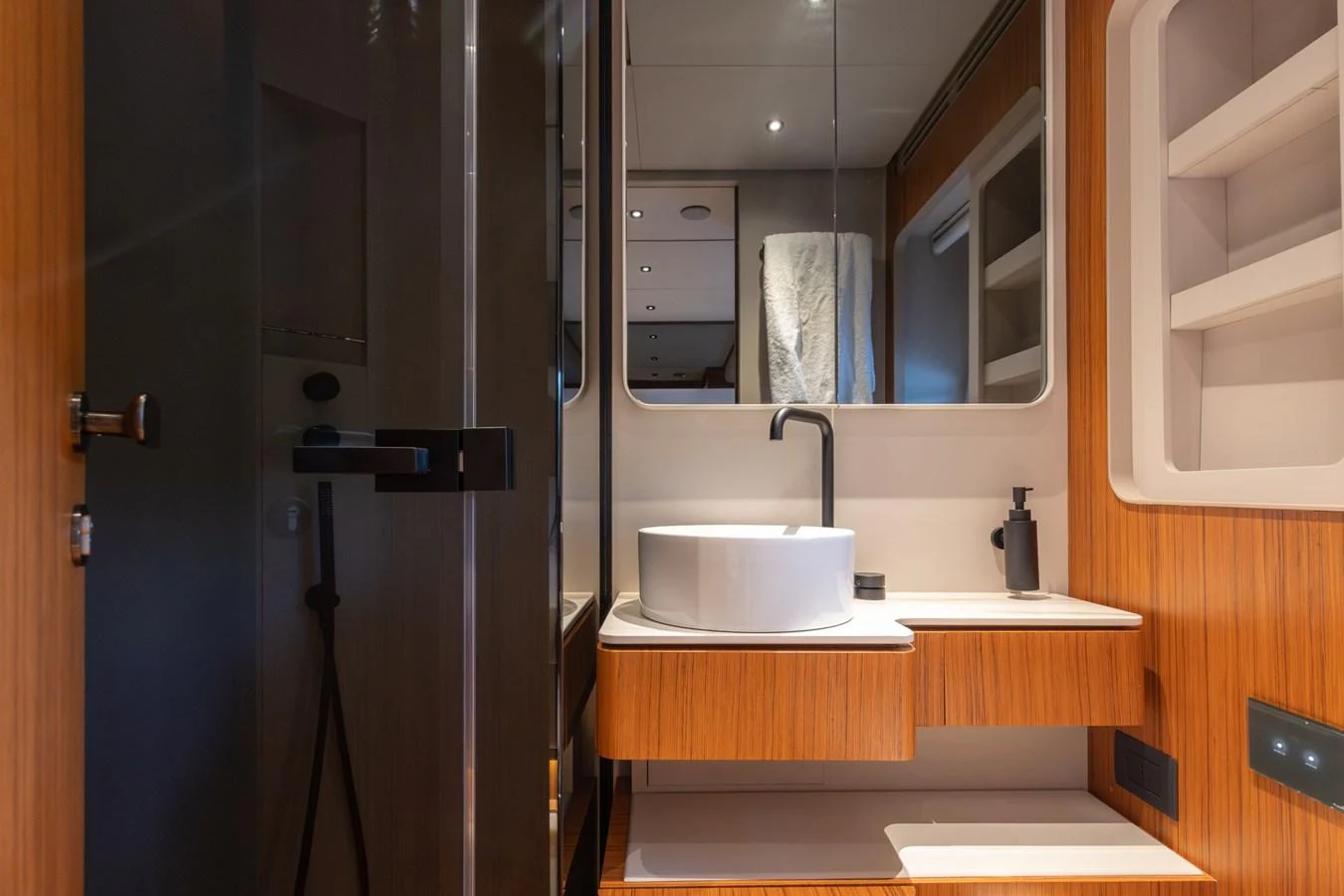 The yacht's bathroom features modern fixtures and a sleek design. aboard KATRIN I Yacht for Sale