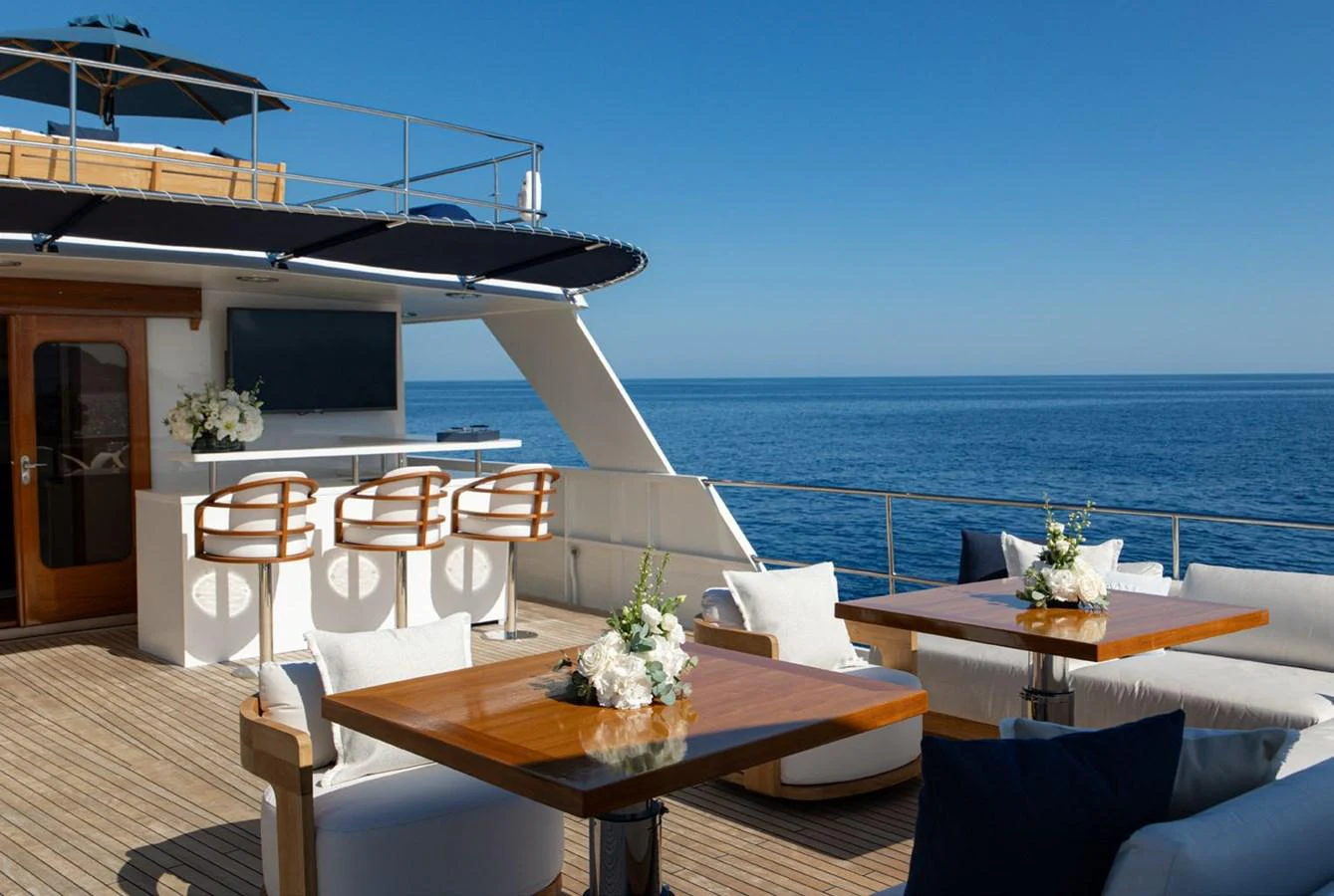 The aft deck offers a luxurious outdoor seating area with stunning ocean views. aboard PANACHE Yacht for Sale