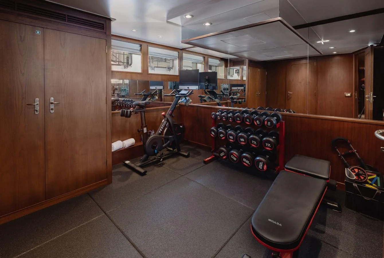 The yacht features a well-equipped gym with modern fitness equipment and ample space for workouts. aboard PANACHE Yacht for Sale