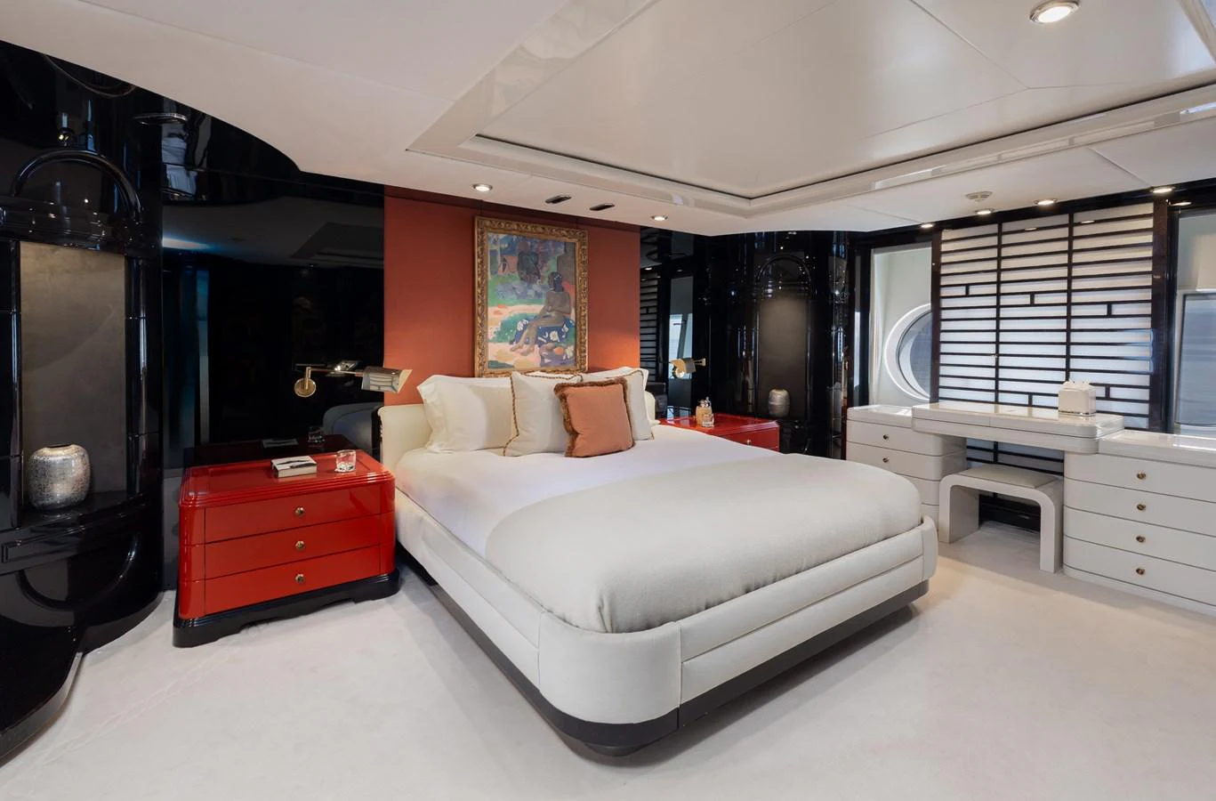 The master stateroom features a luxurious bed with elegant decor and ample storage. aboard MY LADY Yacht for Sale