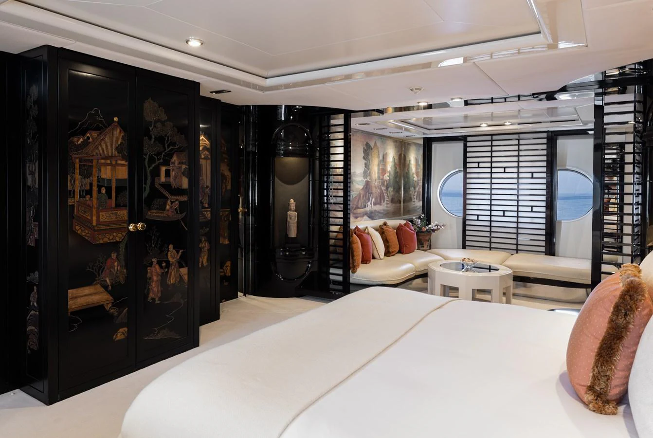 The master stateroom features elegant decor with a blend of modern and traditional elements, offering a luxurious and serene retreat. aboard MY LADY Yacht for Sale