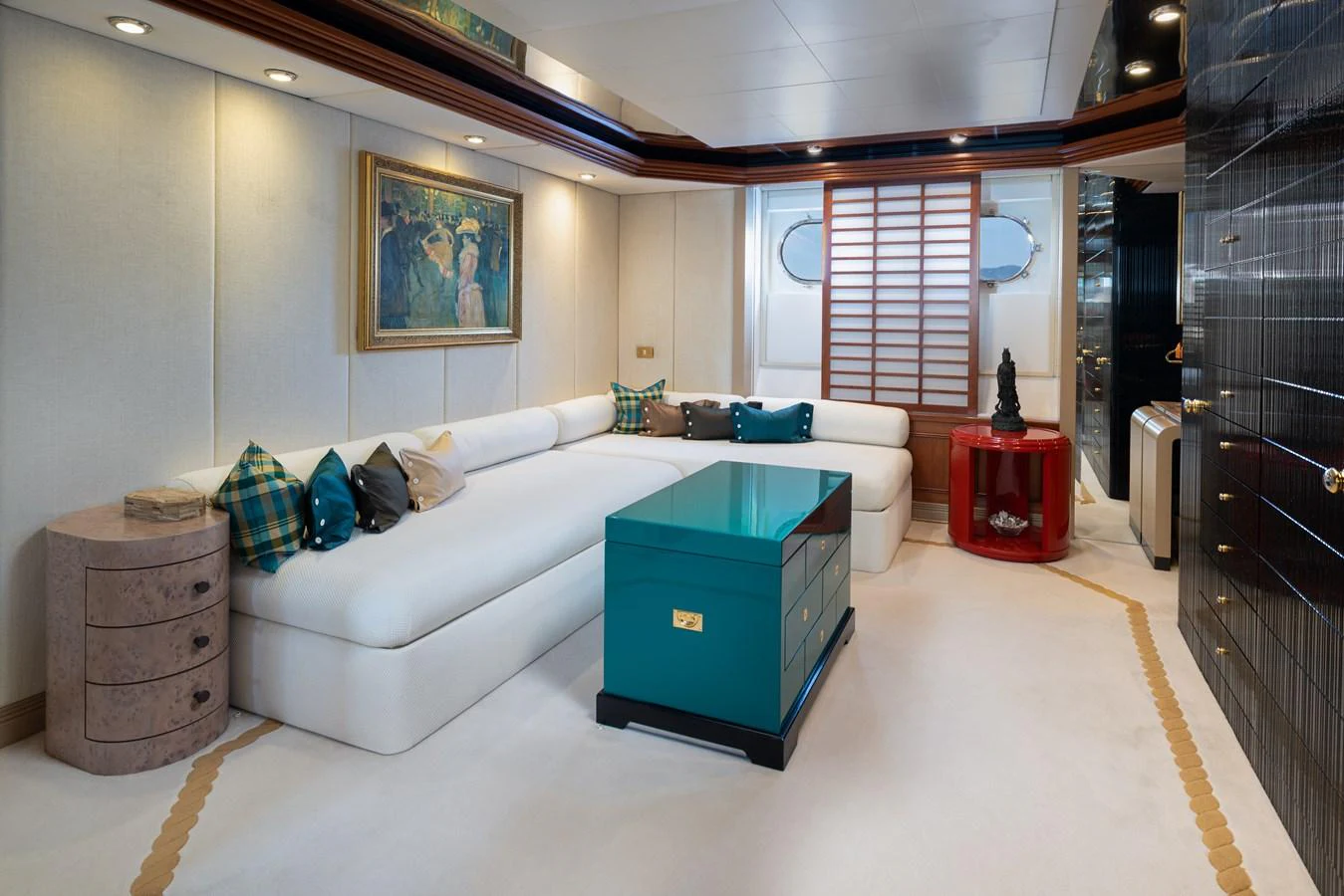 The yacht's interior features a stylish and comfortable lounge area with elegant decor. aboard MY LADY Yacht for Sale