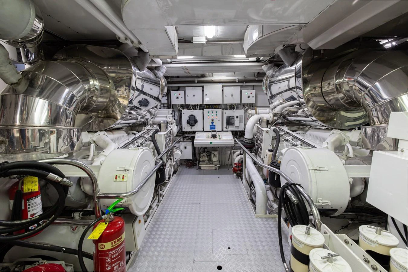 The engine room is equipped with advanced machinery and safety equipment, showcasing the yacht's technical prowess. aboard MY LADY Yacht for Sale