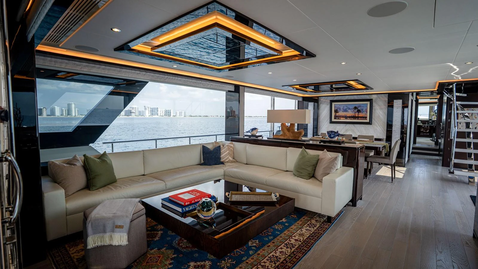 The salon offers a luxurious and spacious area with comfortable seating and elegant decor, perfect for relaxation and entertainment. aboard COOL CHANGE Yacht for Sale