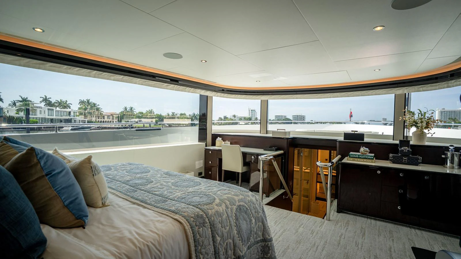 The master stateroom offers panoramic views and luxurious comfort. aboard COOL CHANGE Yacht for Sale