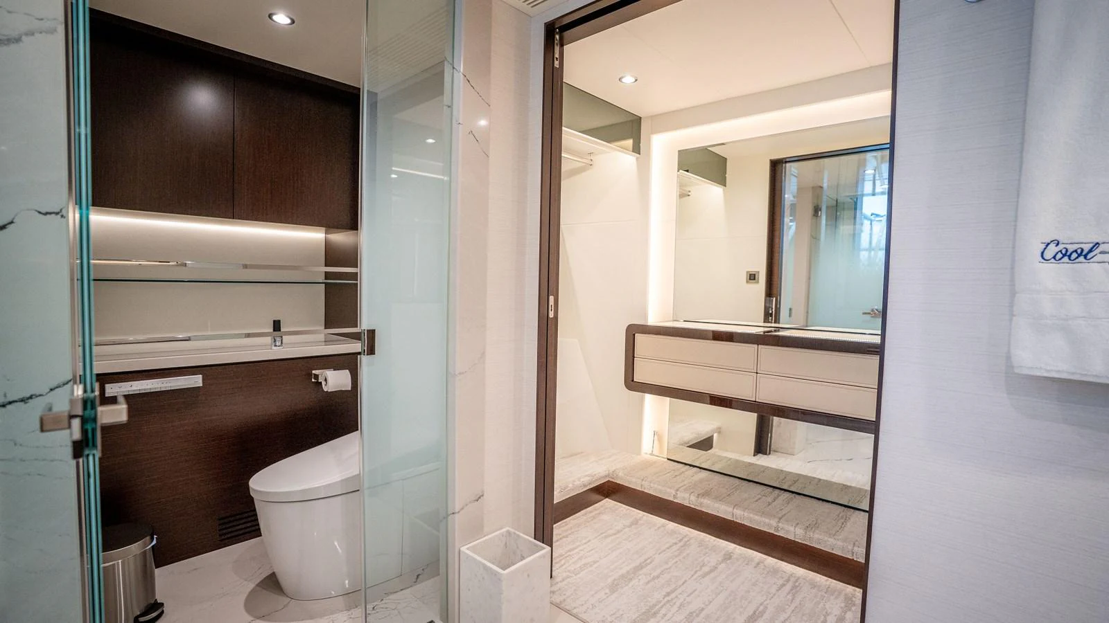 A luxurious yacht bathroom featuring modern fixtures and elegant design. aboard COOL CHANGE Yacht for Sale