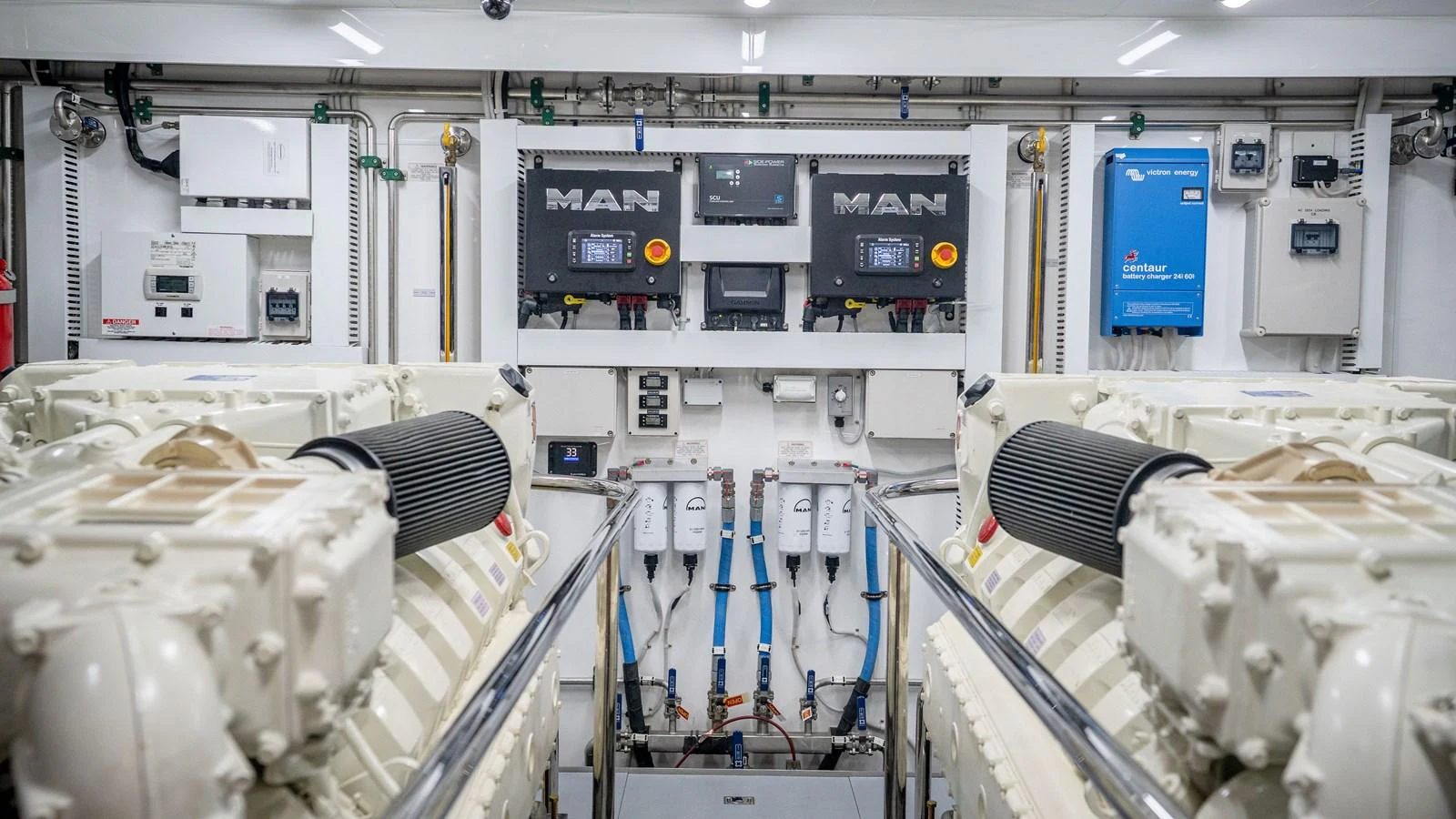 The engine room showcases advanced machinery and equipment, ensuring optimal performance and reliability. aboard COOL CHANGE Yacht for Sale