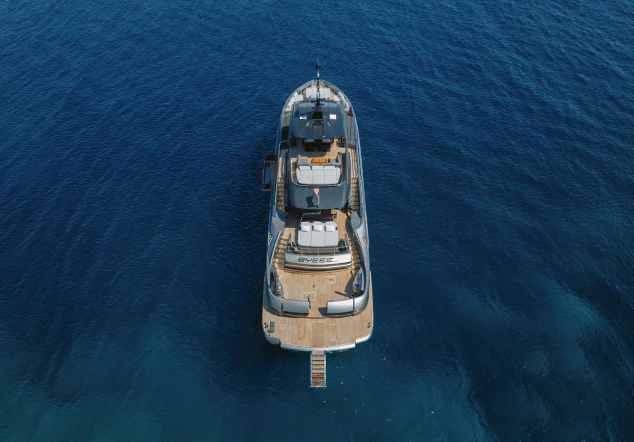 A stunning aerial view of the yacht's aft deck, showcasing its elegant design and luxurious amenities. aboard BYEEE... Yacht for Sale