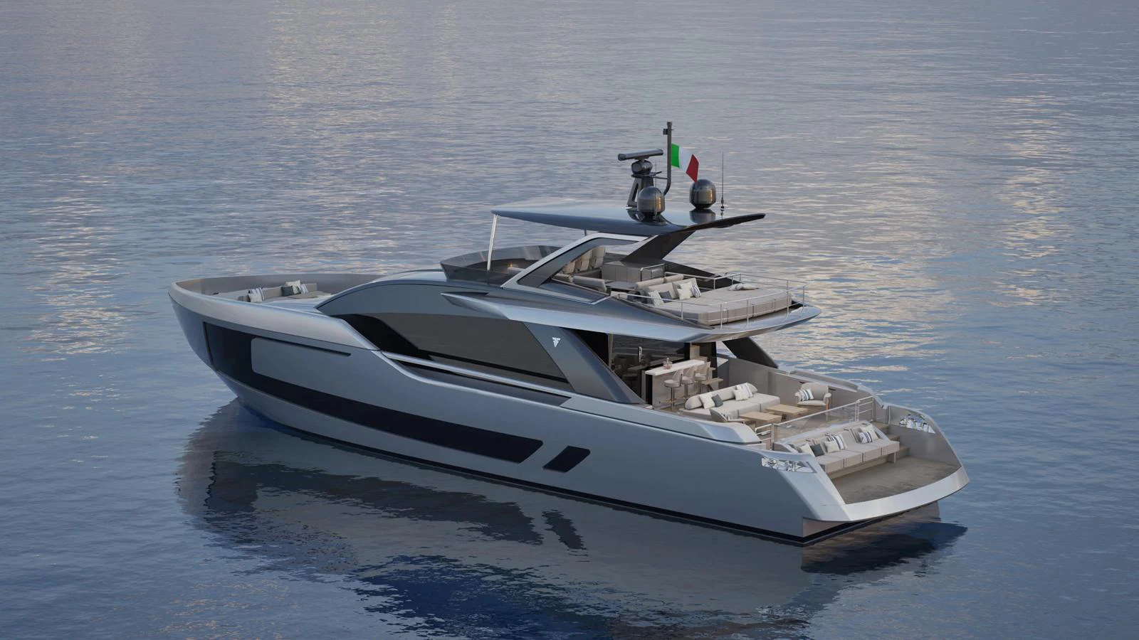 A sleek and modern yacht with spacious outdoor lounging areas, cruising on calm waters. aboard 80' FILIPPETTI F80 Yacht for Sale