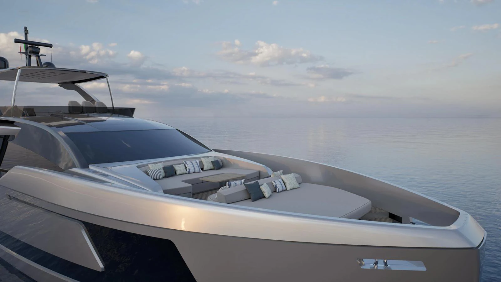 The sleek exterior of the yacht features a spacious foredeck with plush seating and elegant design. aboard 80' FILIPPETTI F80 Yacht for Sale