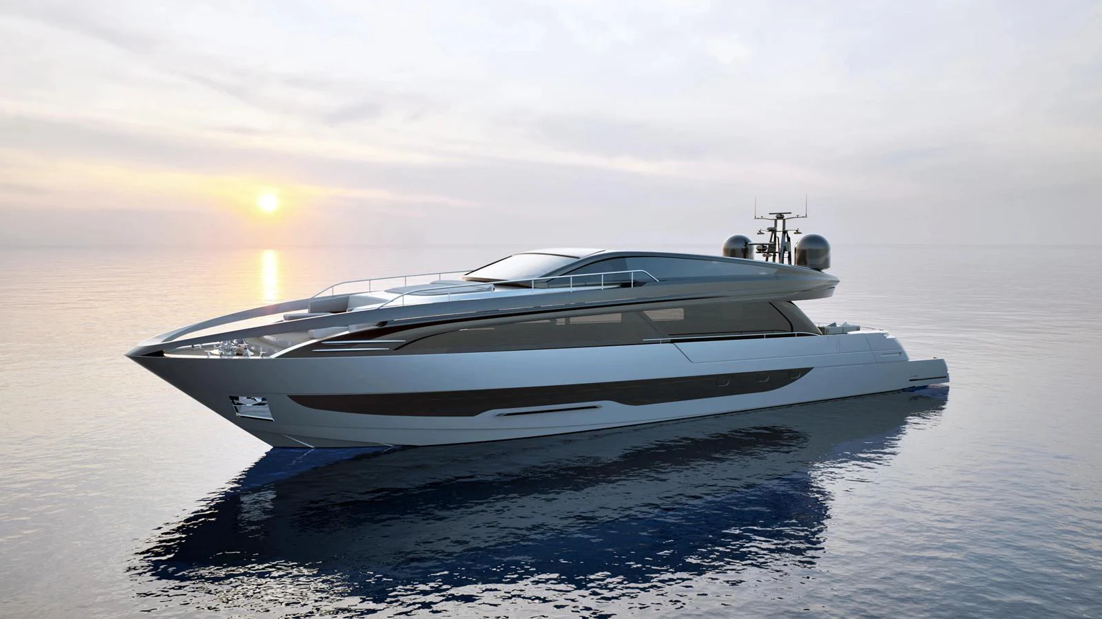A sleek and modern yacht glides gracefully on calm waters at sunset. aboard 100' FILIPPETTI S100 Yacht for Sale