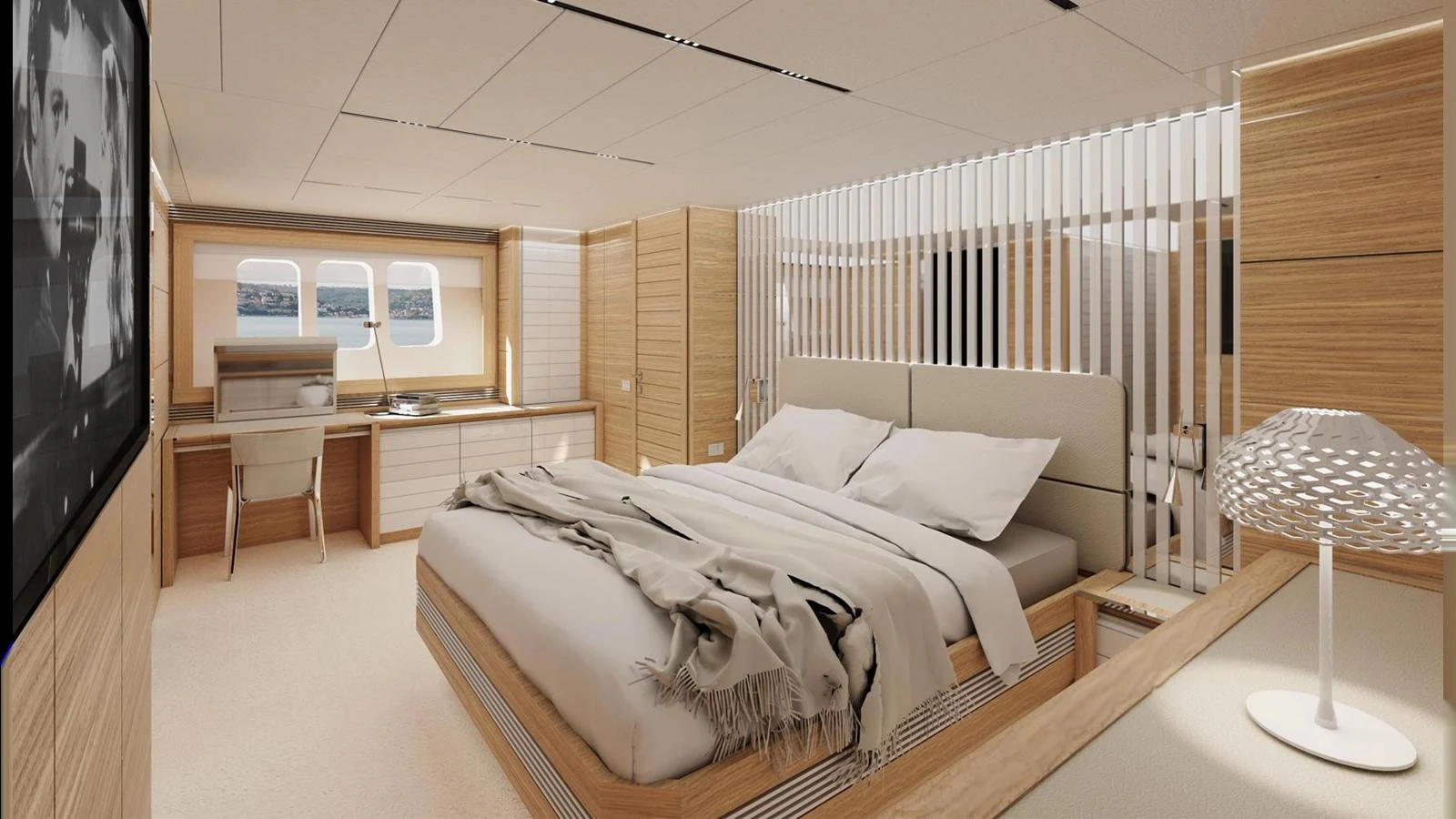 The master stateroom offers a spacious and serene retreat with modern furnishings and ample natural light. aboard 100' FILIPPETTI S100 Yacht for Sale