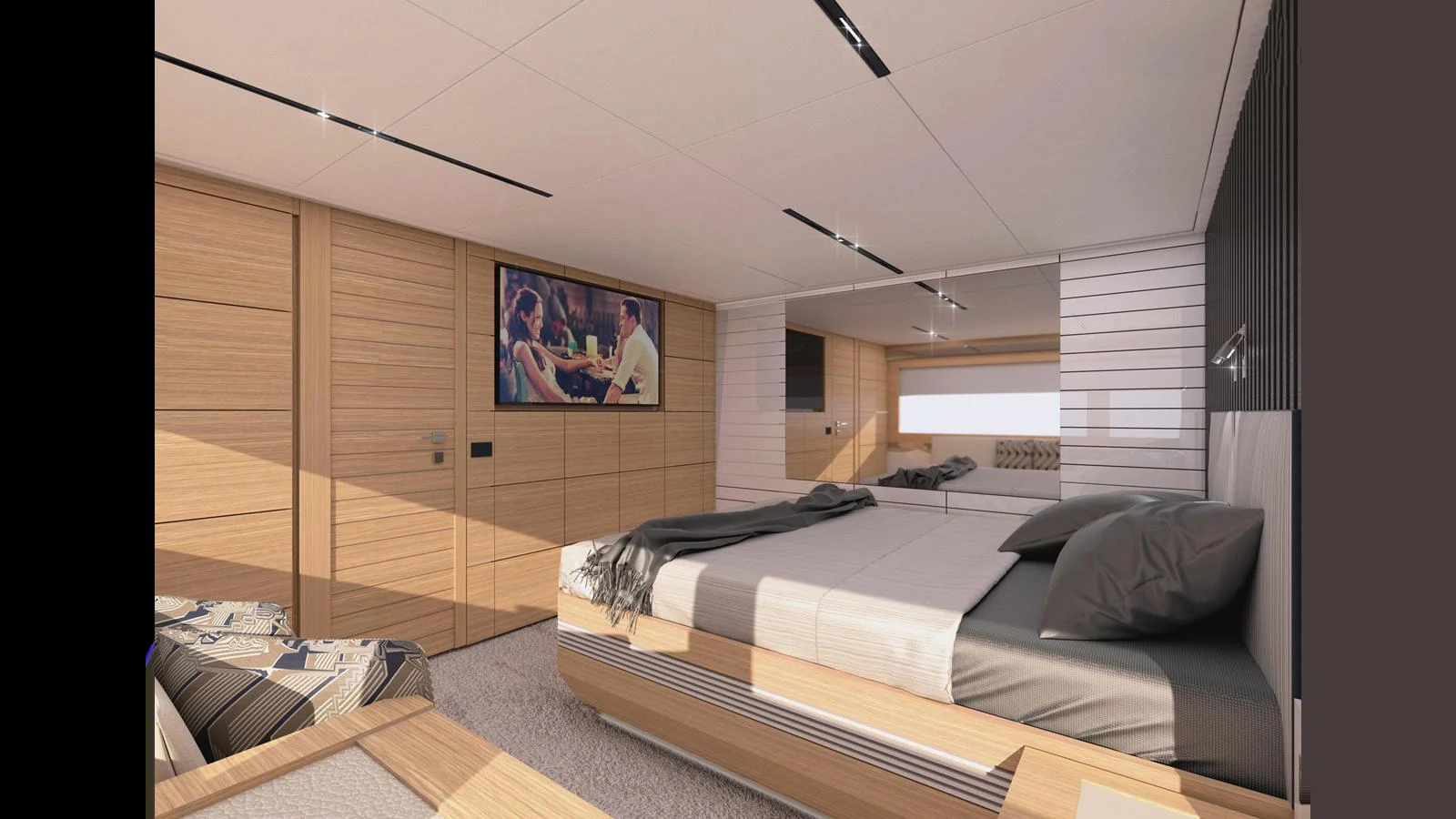 A luxurious stateroom featuring a large bed, modern decor, and ample natural light. aboard 100' FILIPPETTI S100 Yacht for Sale