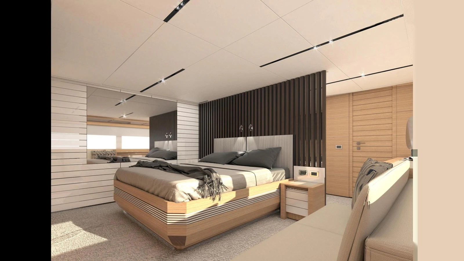The master stateroom features a luxurious bed with modern decor and ample natural light. aboard 100' FILIPPETTI S100 Yacht for Sale