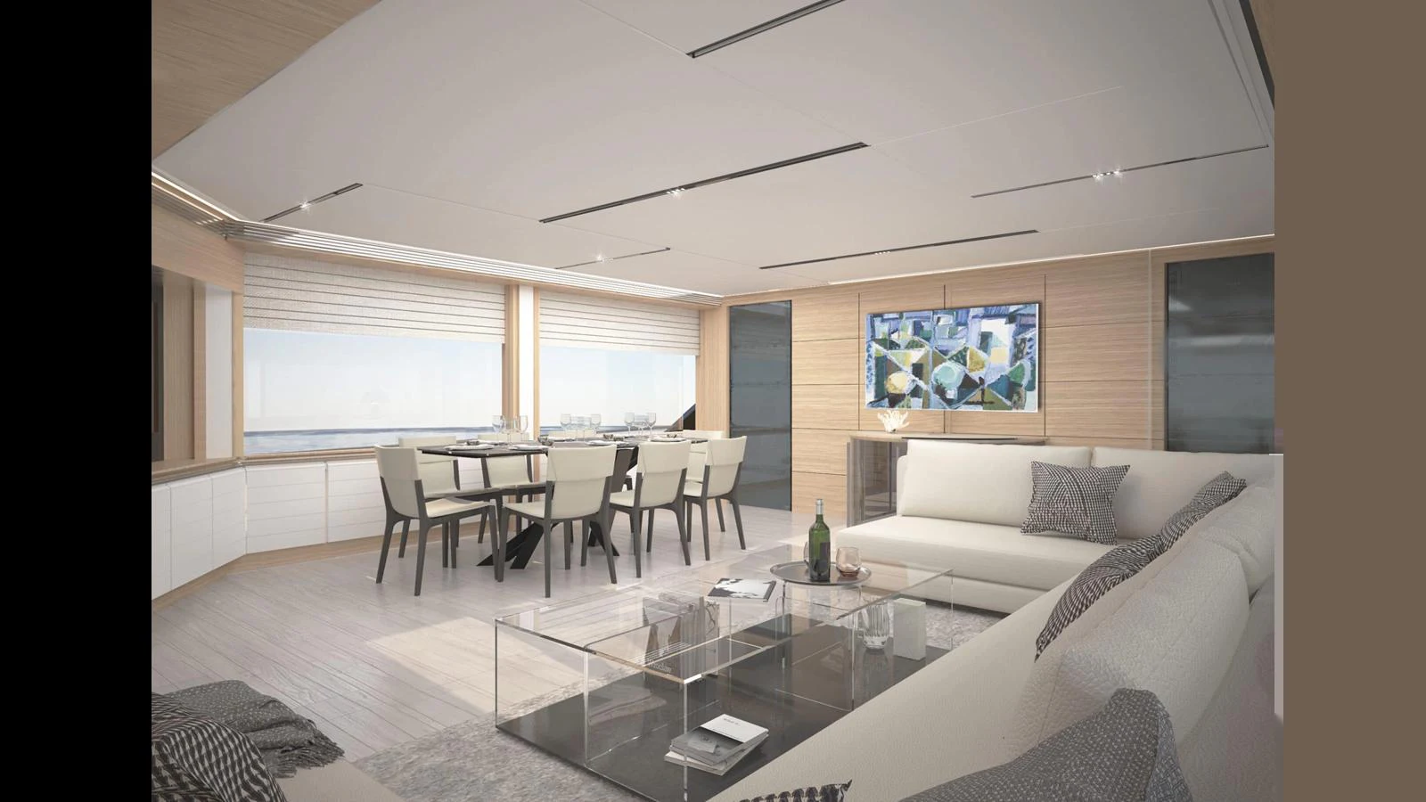 The salon features a spacious seating area with modern furnishings and large windows offering panoramic views. aboard 100' FILIPPETTI S100 Yacht for Sale