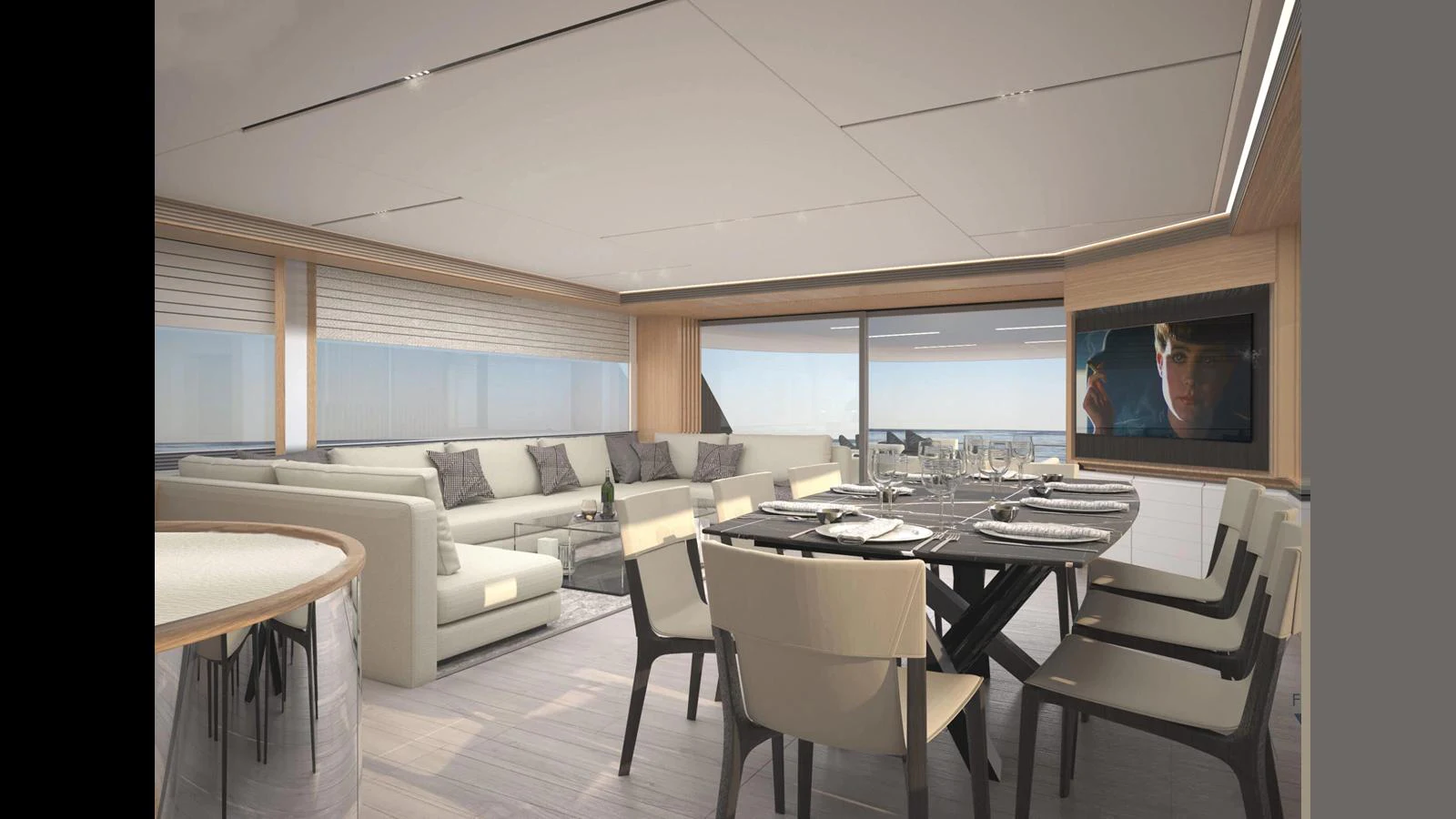 The salon features a spacious seating area with a large dining table and modern decor. aboard 100' FILIPPETTI S100 Yacht for Sale
