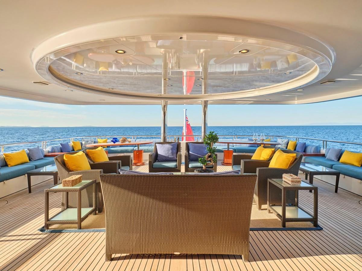 The aft deck offers a luxurious outdoor seating area with panoramic ocean views. aboard SAHAB IV Yacht for Sale