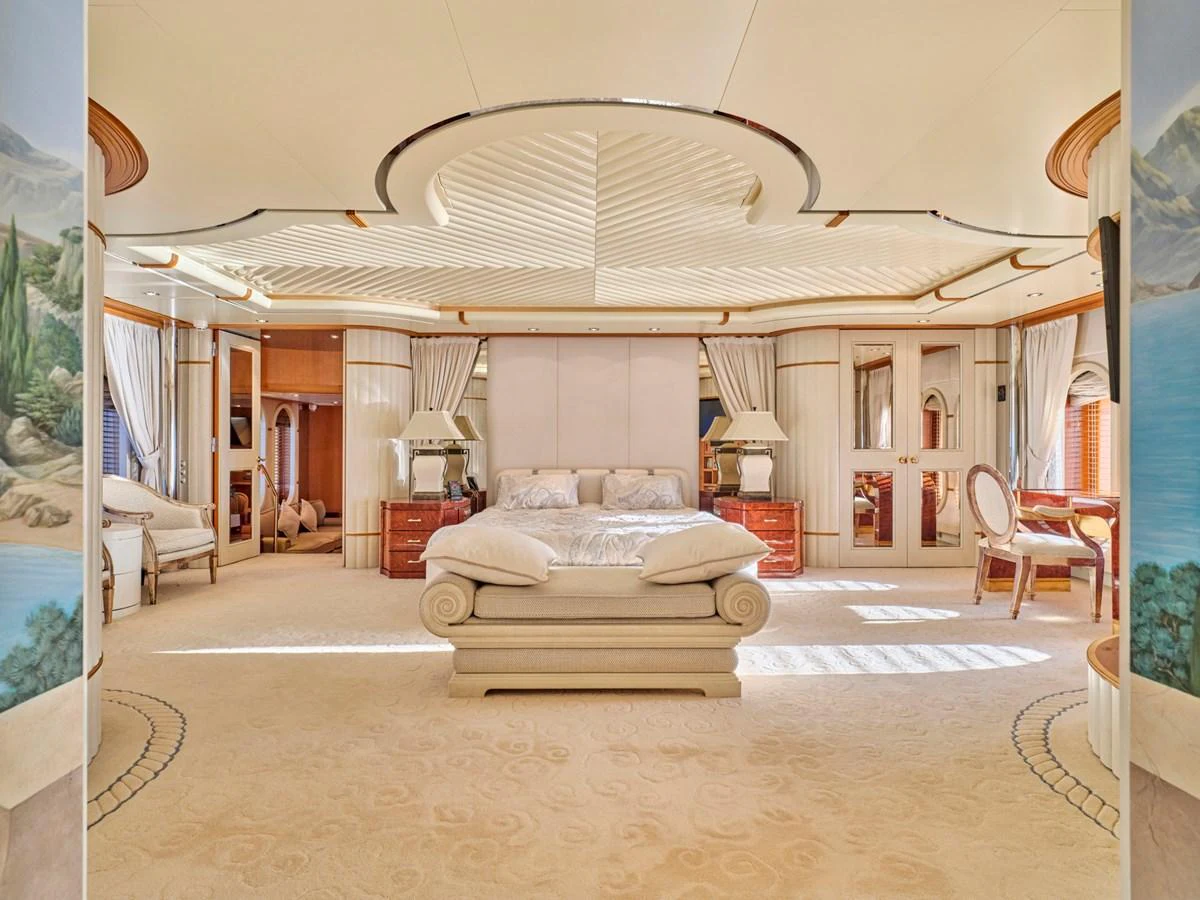 The master stateroom exudes luxury with its elegant decor and spacious layout. aboard SAHAB IV Yacht for Sale