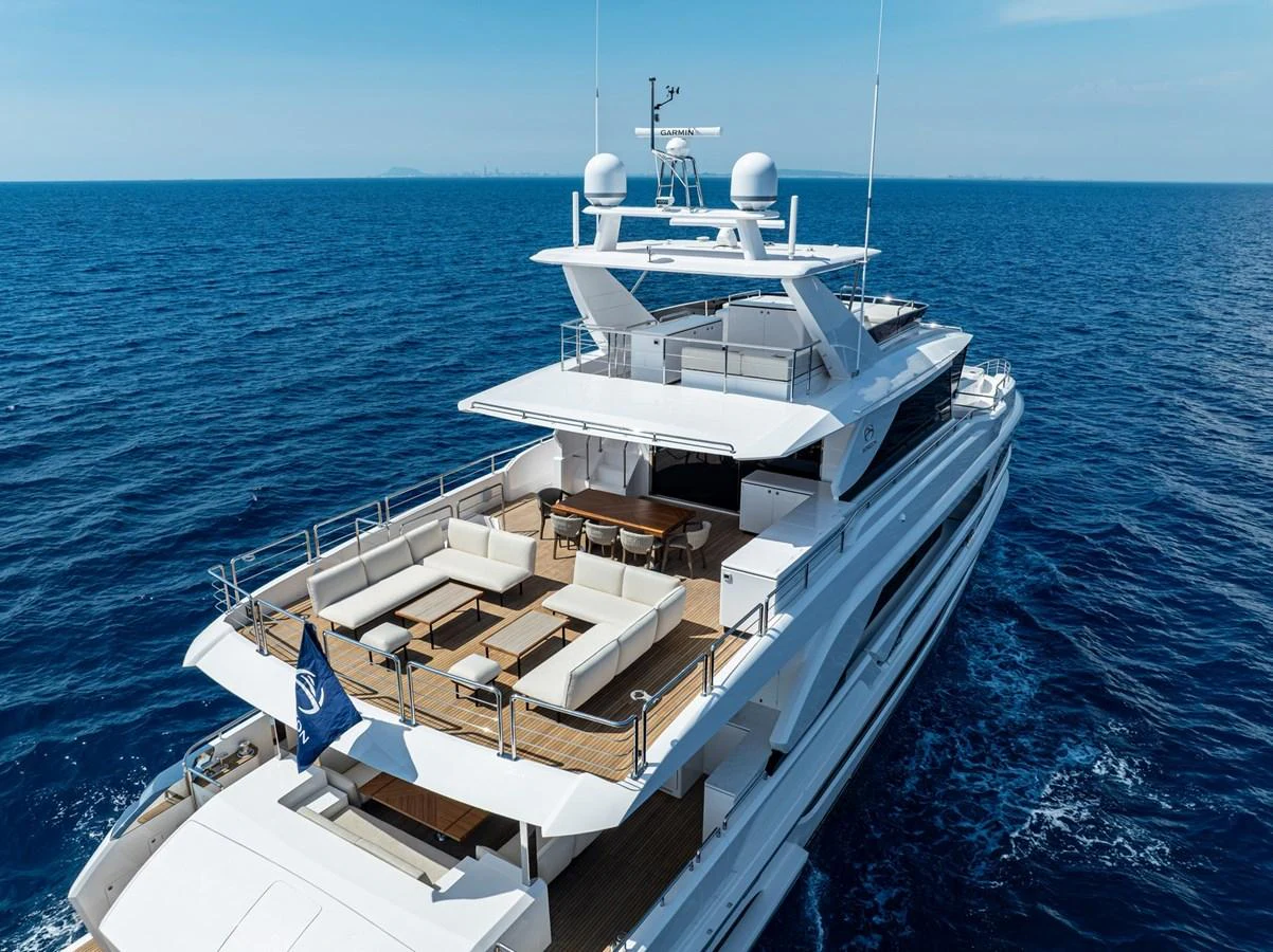 The yacht's spacious aft deck offers luxurious seating and dining areas with stunning ocean views. aboard THE ROCK Yacht for Sale