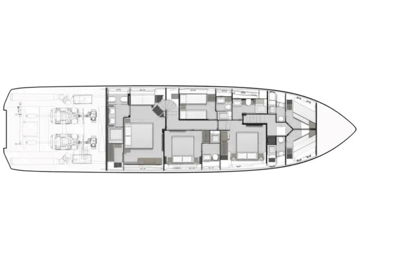 This image shows the detailed layout of the yacht's deck plan, highlighting various rooms and areas. aboard SAVIENNE Yacht for Sale