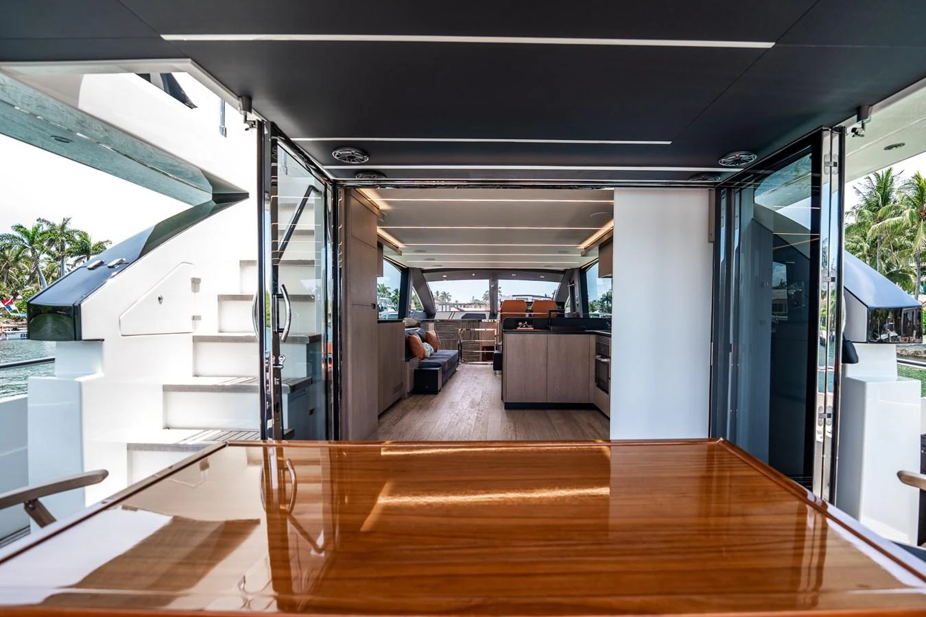 The yacht's salon offers a spacious and inviting area with modern furnishings and ample natural light. aboard ELENA Yacht for Sale