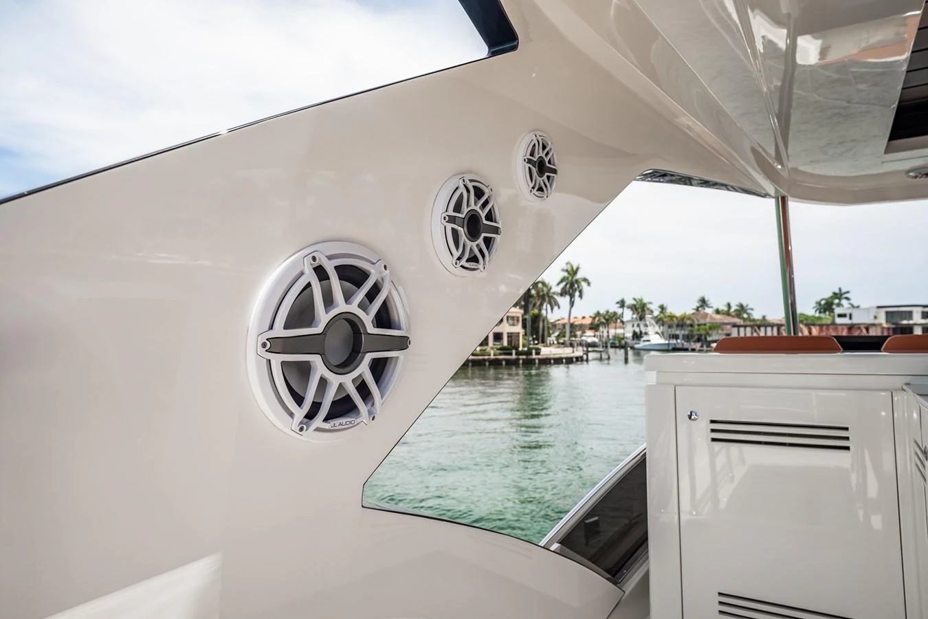 The image showcases the sleek design and high-quality speakers on the yacht's exterior. aboard ELENA Yacht for Sale