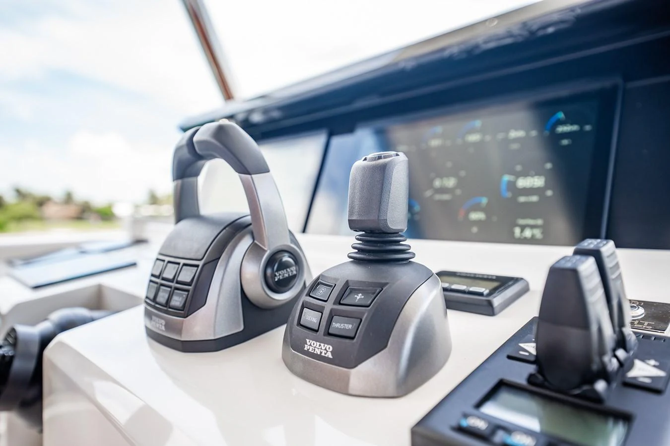 The helm station features advanced controls and instrumentation for precise navigation. aboard ELENA Yacht for Sale