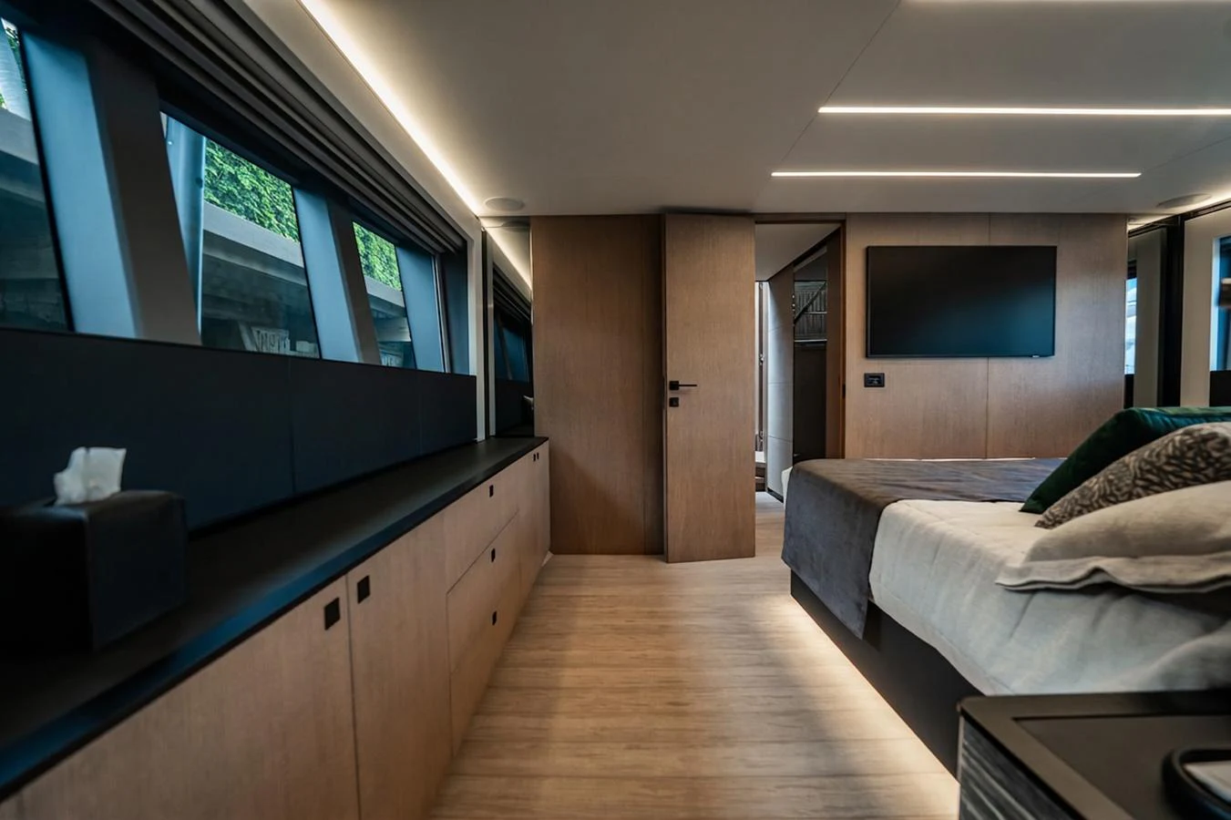 The stateroom features modern design with sleek lines and ample natural light. aboard ELENA Yacht for Sale