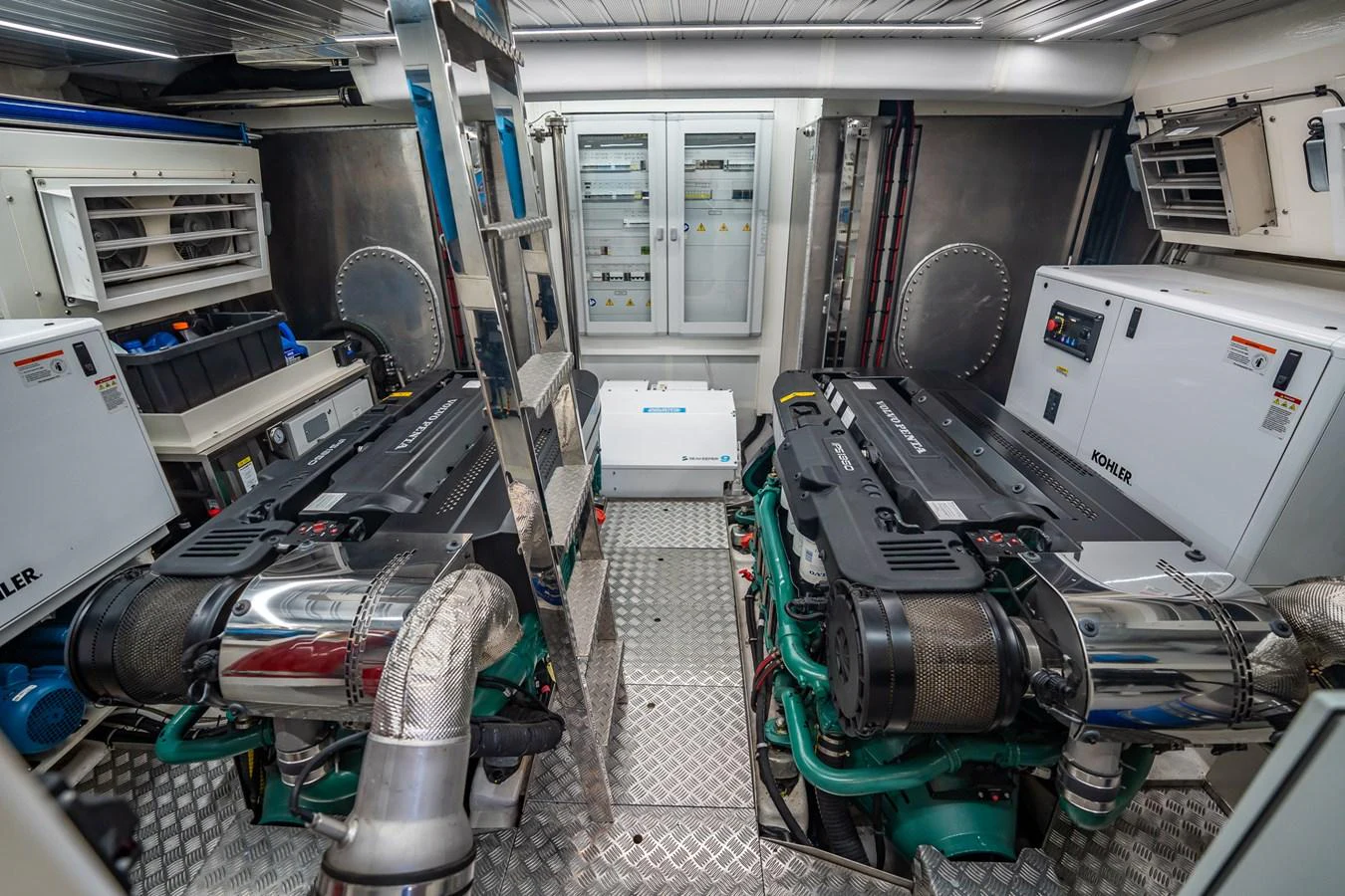 The engine room showcases powerful machinery and a well-organized layout. aboard ELENA Yacht for Sale