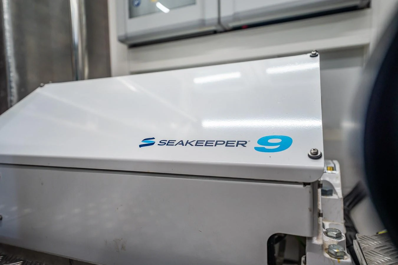 A close-up view of a Seakeeper 9 stabilization system installed on the yacht. aboard ELENA Yacht for Sale