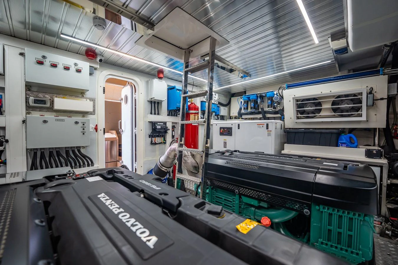 The engine room is equipped with advanced machinery and well-organized systems. aboard ELENA Yacht for Sale