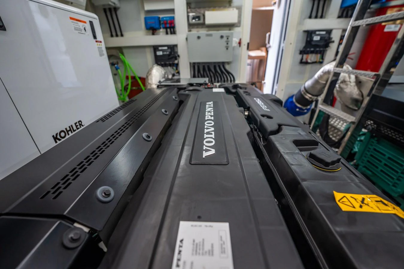 A close-up view of the yacht's engine room showcasing the Volvo Penta engine. aboard ELENA Yacht for Sale