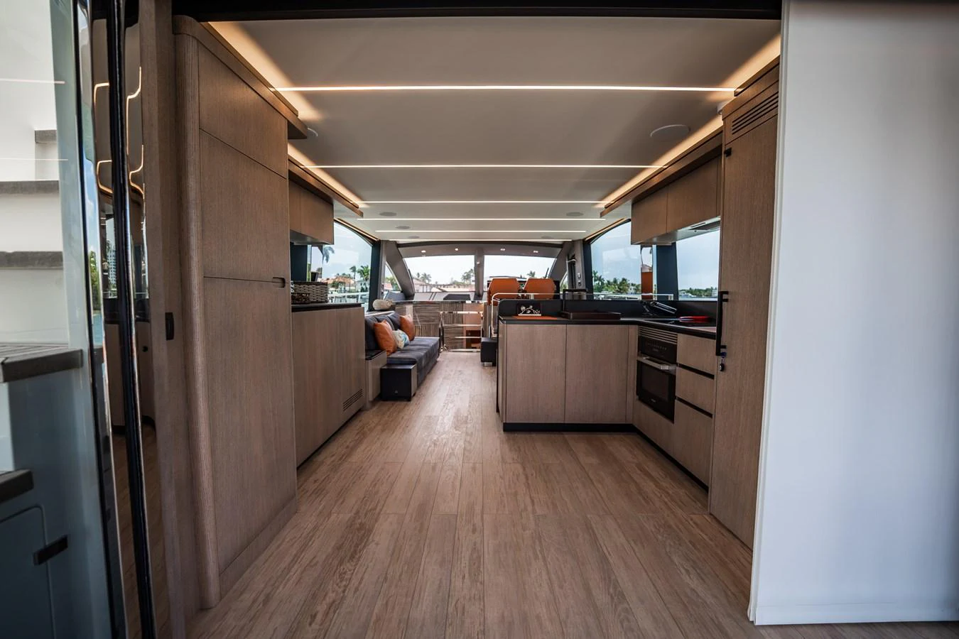 The yacht's galley features modern appliances and a spacious layout with ample natural light. aboard ELENA Yacht for Sale