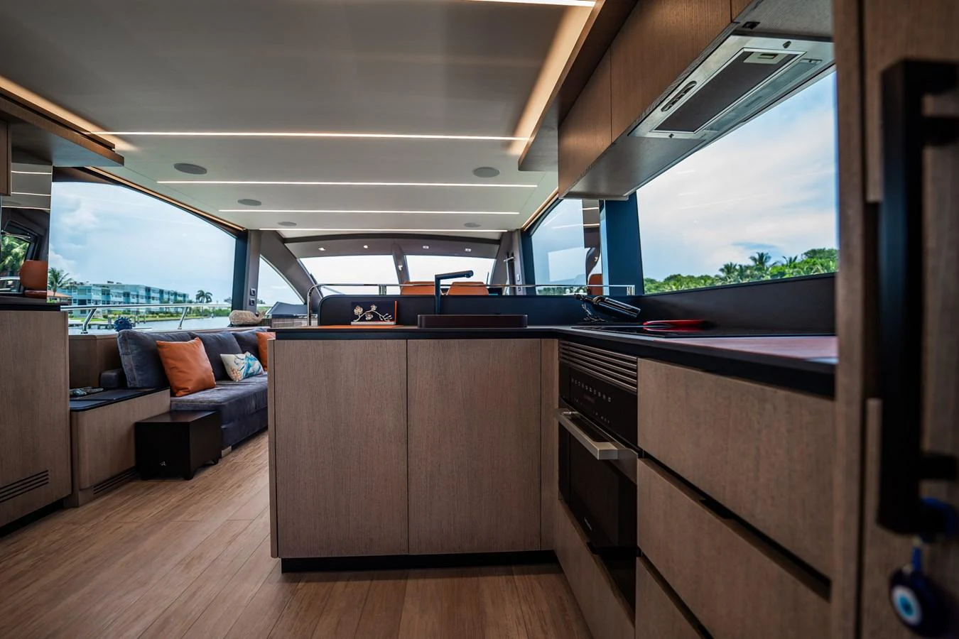 The yacht's galley features modern cabinetry and ample natural light, creating a welcoming space for culinary activities. aboard ELENA Yacht for Sale