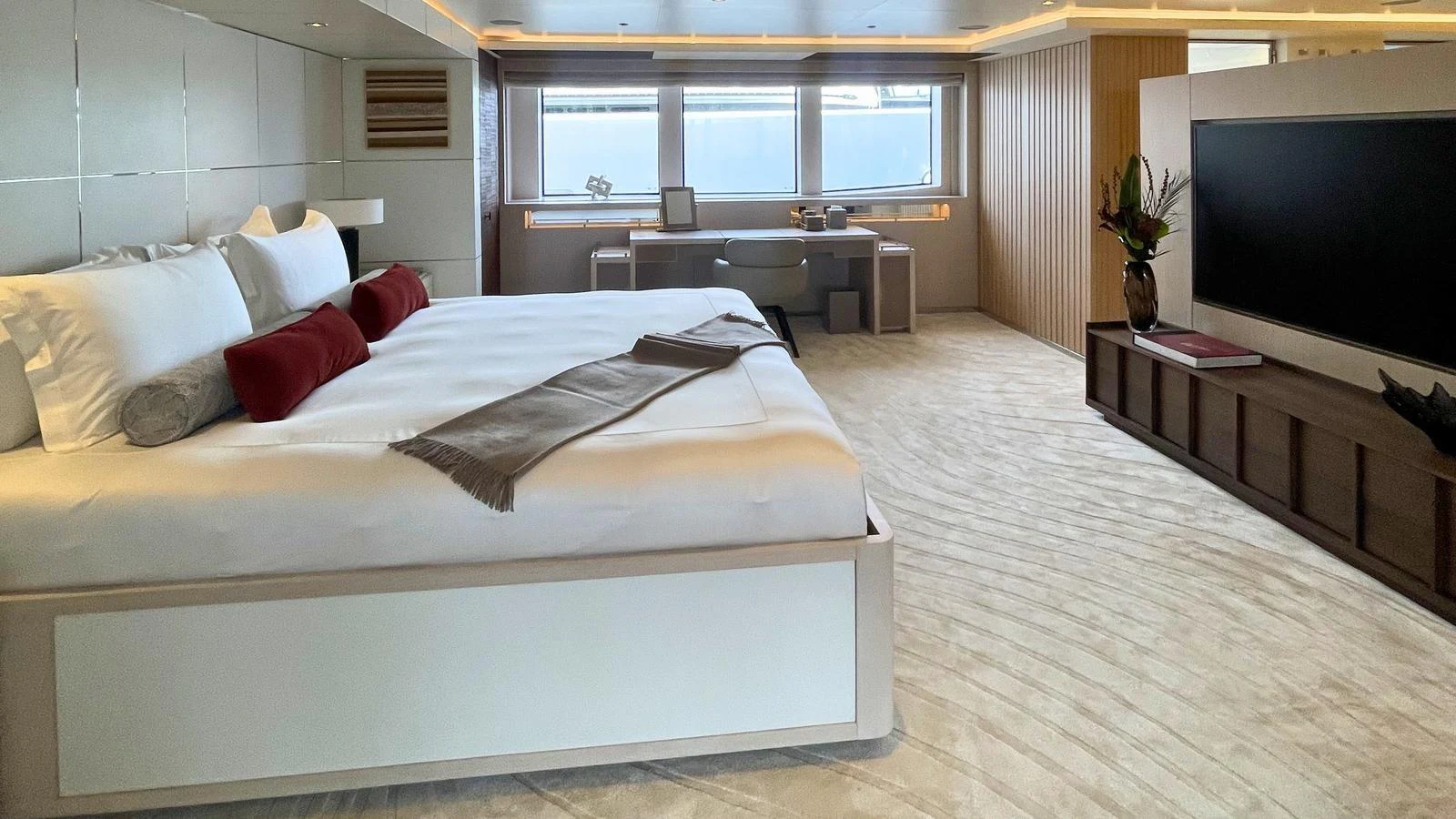 The master stateroom offers a spacious and luxurious retreat with a large bed and modern decor. aboard ELENI 60M Yacht for Sale