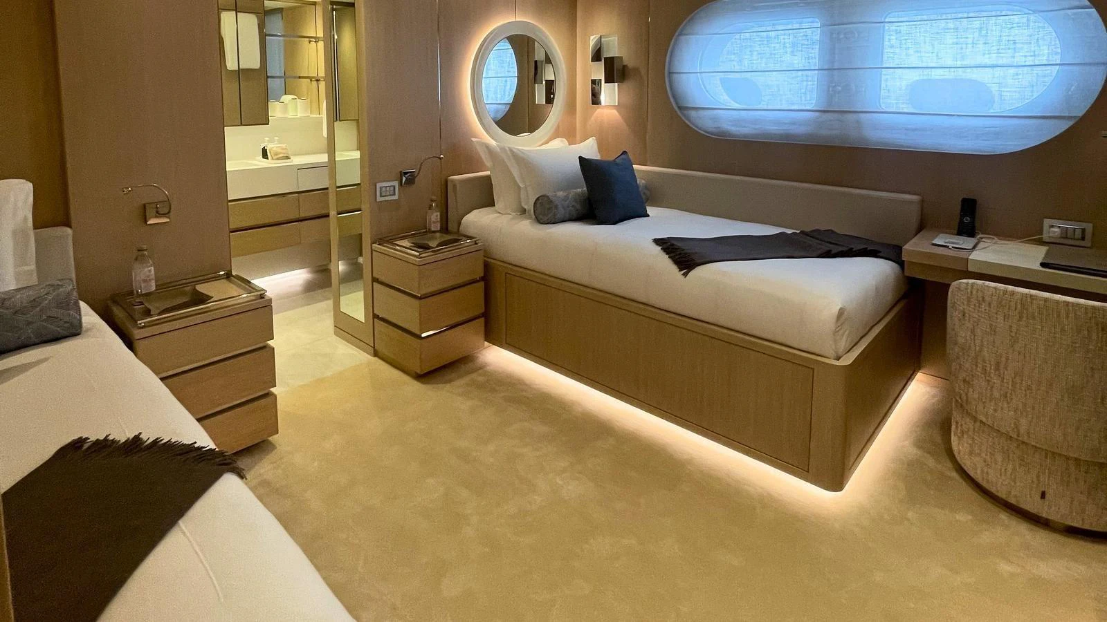 The guest stateroom offers a serene and comfortable space with modern amenities and elegant design. aboard ELENI 60M Yacht for Sale