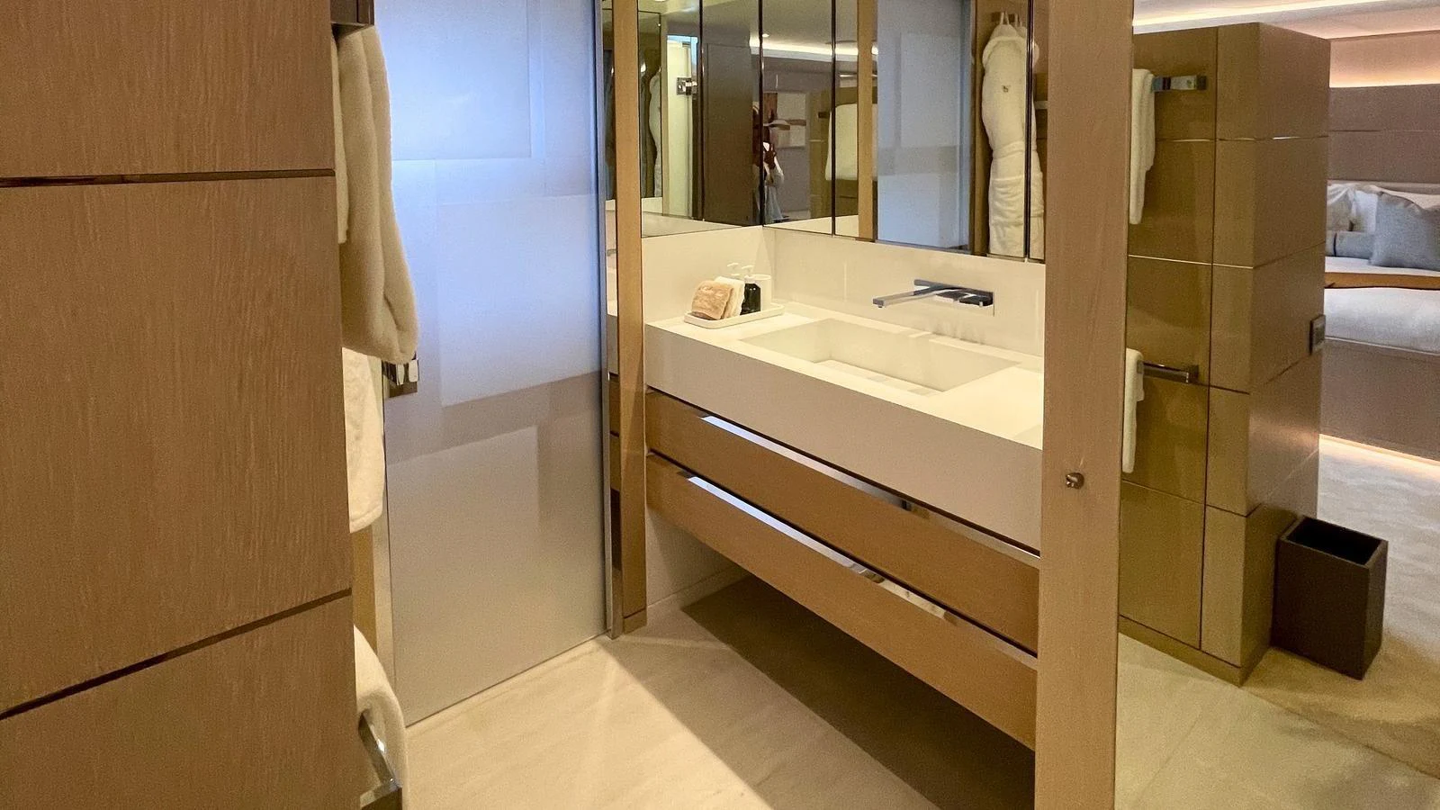 The yacht's bathroom features modern fixtures and a sleek design. aboard ELENI 60M Yacht for Sale