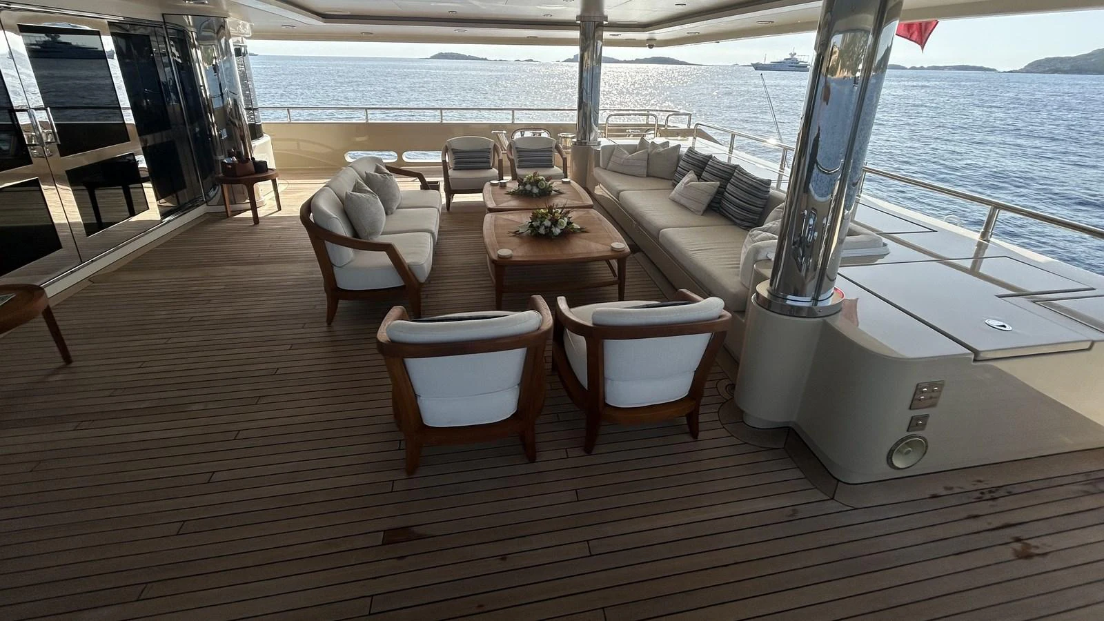 The aft deck features a spacious seating area with comfortable chairs and a large table, perfect for relaxation and socializing. aboard ELENI 60M Yacht for Sale