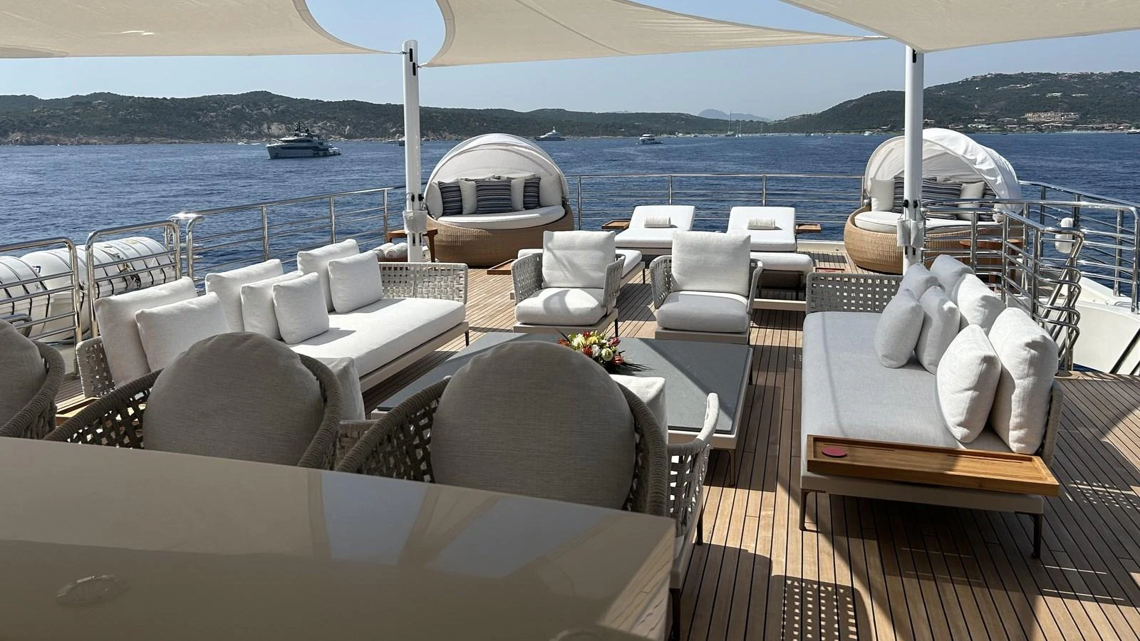 The sundeck offers luxurious seating and lounging areas with stunning views of the water. aboard ELENI 60M Yacht for Sale