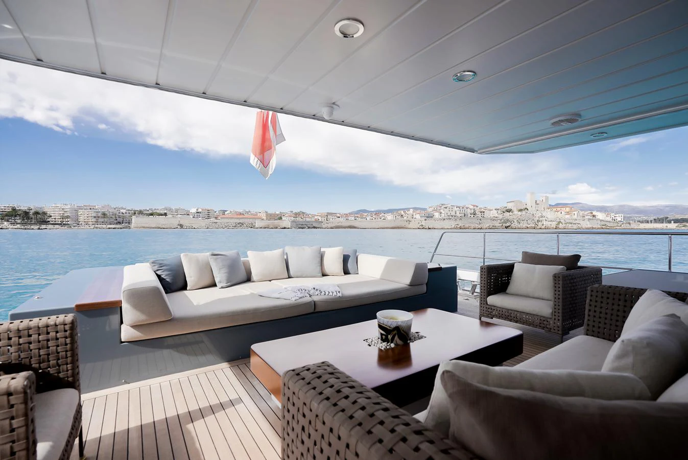 The aft deck offers a spacious and comfortable seating area with stunning views of the surrounding waters. aboard ONLY NOW Yacht for Sale