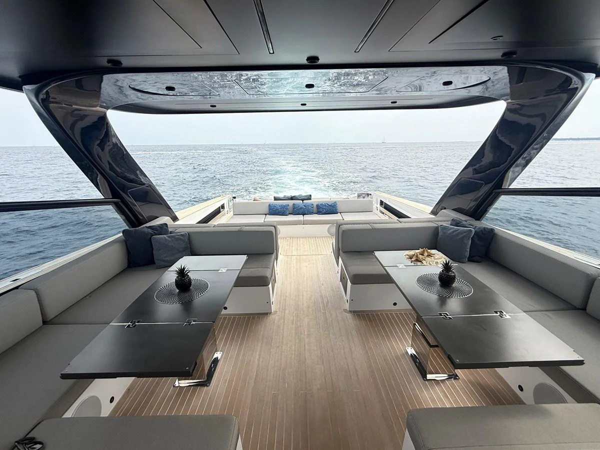 The aft deck offers a spacious and modern lounging area with a stunning view of the open sea. aboard DUTCH PEARL Yacht for Sale