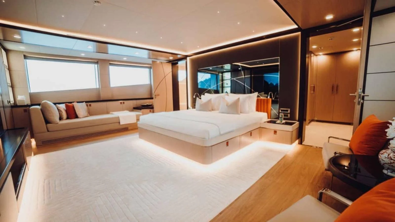 The master stateroom features a spacious layout with a luxurious bed and modern decor. aboard HEEUS Yacht for Sale