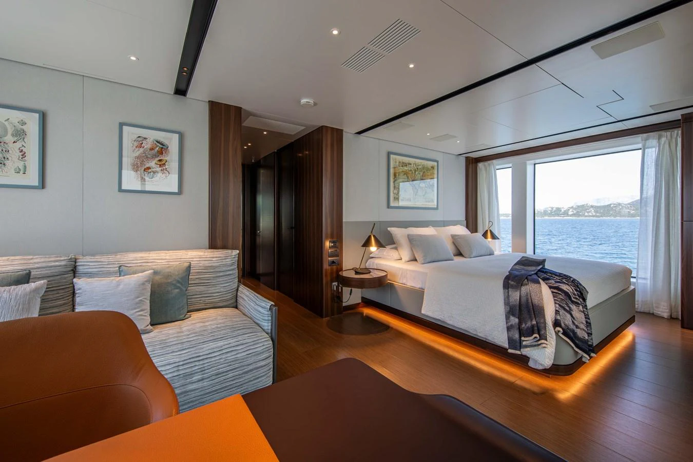 The master stateroom offers a luxurious and spacious retreat with a stunning view of the sea. aboard JULES Yacht for Sale