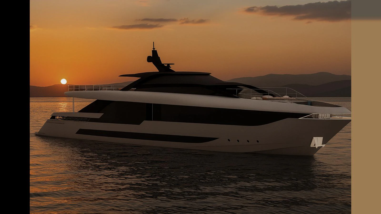 A sleek and modern yacht glides through the water at sunset, showcasing its elegant design. aboard 126' AMER F126 Yacht for Sale
