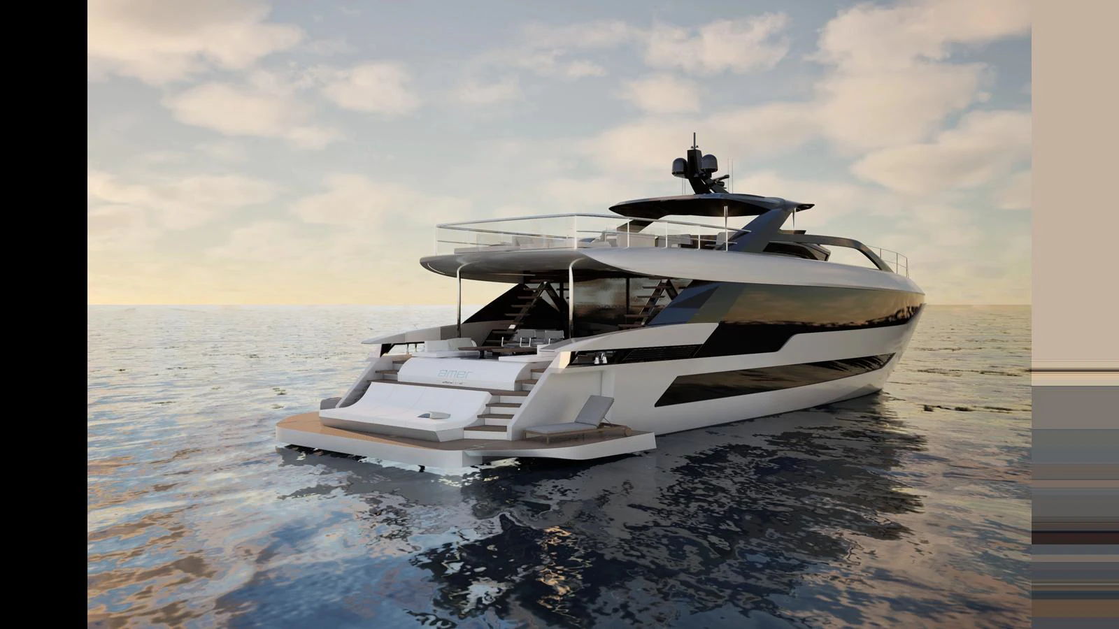 A sleek and modern yacht glides gracefully on calm waters under a serene sky. aboard 126' AMER F126 Yacht for Sale